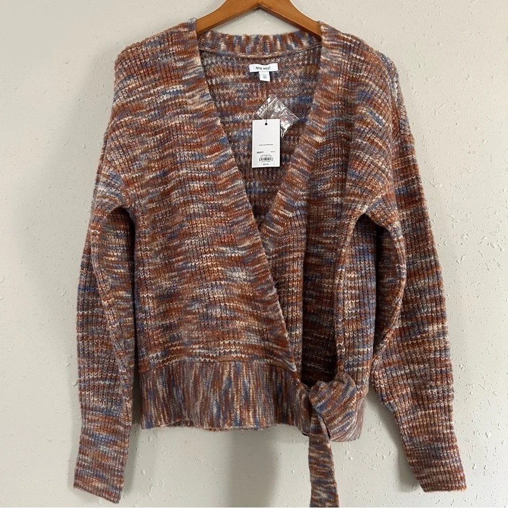🦋 NWT Nine West Orange Blue Marled V-Neck Wrap Sweater Medium